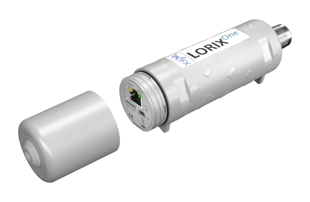 A 3D realistic view of a Wifx LORIX One LoRaWAN gateway open with connectors displayed